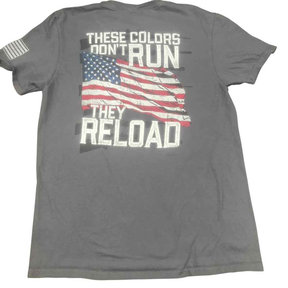 Buck Wear Mens These Colors Dont Run Reload T-Shirt Small Gray American Flag Tee